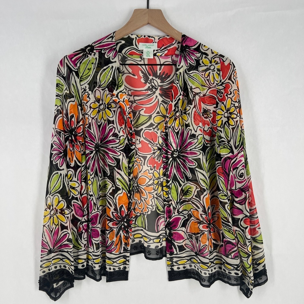Vintage Laura Ashley Kimono Jacket Women PM Multicolor Floral Beaded Open Front